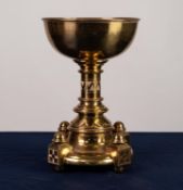 VICTORIAN HEAVY BRASS BAPTISMAL FONT IN THE GOTHIC REVIVAL STYLE, the plain dish on a heavy, short