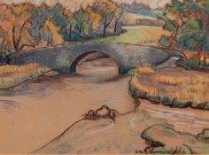 ANNA MARY HOTCHKIS (1885-1984) PASTEL DRAWING Riverscape with stone bridge Signed 10? x 13 ½? (25.