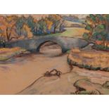 ANNA MARY HOTCHKIS (1885-1984) PASTEL DRAWING Riverscape with stone bridge Signed 10? x 13 ½? (25.