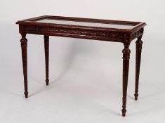 MODERN EIGHTEENTH CENTURY STYLE CARVED MAHOGANY DISPLAY TABLE, the hinged and glazed oblong top with