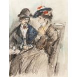 UNATTRIBUTED (TWENTIETH CENTURY) MIXED MEDIA ON PAPER Couple seated at a table Indistinctly signed