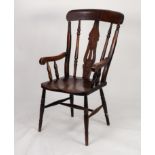 NINETEENTH CENTURY ELM AND STAINED FRUITWOOD FARMHOUSE OPEN ARMCHAIR, the back with pierced vase