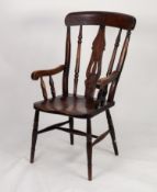 NINETEENTH CENTURY ELM AND STAINED FRUITWOOD FARMHOUSE OPEN ARMCHAIR, the back with pierced vase