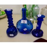 BRISTOL BLUE GLASS CHAMBER CANDLESTICK, OLD BRISTOL BLUE GLASS GLOBE AND SHAFT SHAPED VASE AND