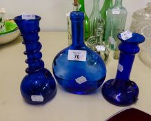 BRISTOL BLUE GLASS CHAMBER CANDLESTICK, OLD BRISTOL BLUE GLASS GLOBE AND SHAFT SHAPED VASE AND