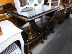 A SOLID DARKWOOD COFFEE TABLE (4'2" x 2'3") AND A PAIR OF MATCHNG SMALLER COFFEE TABLES (2'2" x 2'