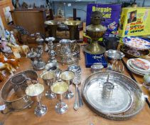 TWO BRASS TRUMPET VASES, ELECTROPLATE CANDELABRUM, TWO ELECTROPLATE GALLERY TRAYS AND VARIOUS