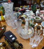 A LARGE CUT GLASS WAISTED VASE, 14 1/2" HIGH, THREE SMALLER CUT GLASS VASES, A BOHEMIA CUT GLASS