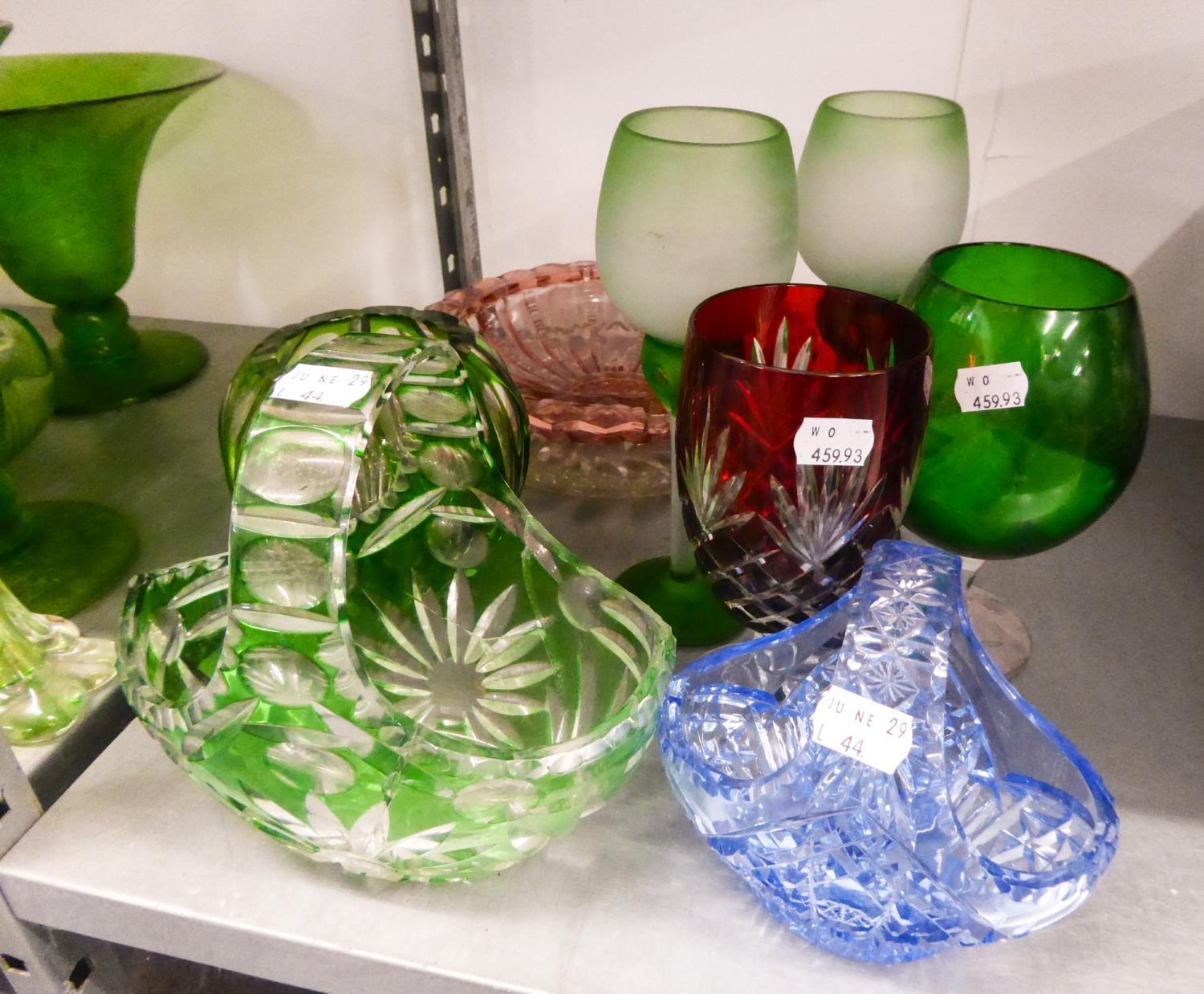 TWO GREEN CRACKLED GLASS VASES, ANOTHER LARGE VASE IN GREEN, GREEN GLASS PUNCH BOWL AND CUPS, - Image 2 of 3