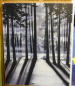 LARGE CANVAS 'FOREST SCENE', (98cm x 122cm), ANOTHER CANVAS, COASTAL/HARBOUR SCENE (30cm x 90cm) and