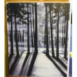 LARGE CANVAS 'FOREST SCENE', (98cm x 122cm), ANOTHER CANVAS, COASTAL/HARBOUR SCENE (30cm x 90cm) and