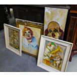 FIVE VARIOUS OIL PAINTINGS OF CLOWNS AND TWO OTHERS, ONE SIGNED MARC PETIT (1977)  (7)