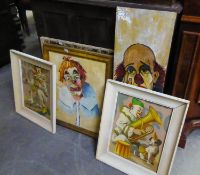 FIVE VARIOUS OIL PAINTINGS OF CLOWNS AND TWO OTHERS, ONE SIGNED MARC PETIT (1977)  (7)