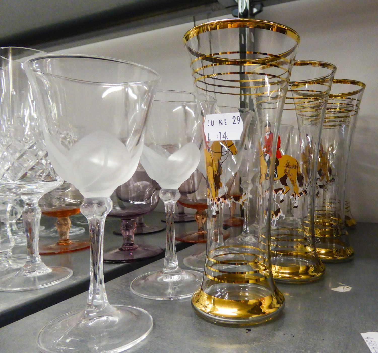 QUANTITY OF CUT AND PLAIN WINE GLASES TO INCLUDE; TWO DECANTERS AND A WINE JUG WITH PLATED HANDLE - Image 4 of 4