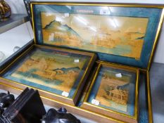 FOUR VARIOUS SIZED CORK PICTURES OF ORIENTAL STYLE, FRAMED AND GLAZED