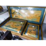 FOUR VARIOUS SIZED CORK PICTURES OF ORIENTAL STYLE, FRAMED AND GLAZED