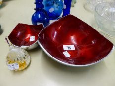 ALUMINIUM BOWL WITH CRIMSON ENAMELLED INTERIOR AND A MATCHING SMALLER BOWL AND AN OROFORS PYRIFORM