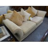 A MODERN FULLY UPHOLSTERED TWO SEATER SETTEE WITH FOUR LARGE LOOSE CUSHIONS