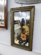 A VICTORIAN FRAMED OBLONG WALL MIRROR, THE PLATE PAINTED WITH A SPRAY OF ROSES