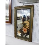 A VICTORIAN FRAMED OBLONG WALL MIRROR, THE PLATE PAINTED WITH A SPRAY OF ROSES