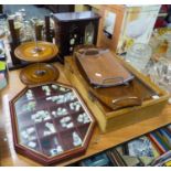 A MINIATURE DISPLAY CABINET WITH A SELECTION OF POTTERY THIMBLES, A LARGER DISPLAY CABINET, A