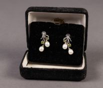PAIR OF SILVER EARRINGS, spray pattern, each set with two cultured pearls and two peridots; a PAIR