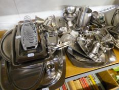 A SELECTION OF STAINLESS STEEL ITEMS TO INCLUDE; TEAPOTS, WATER JUGS, TRAYS, CONDIMENTS ETC....