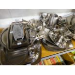 A SELECTION OF STAINLESS STEEL ITEMS TO INCLUDE; TEAPOTS, WATER JUGS, TRAYS, CONDIMENTS ETC....