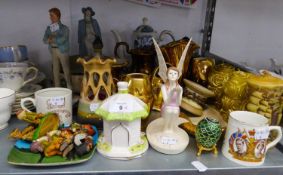 A MIXED SELECTION OF POTTERY TO INCLUDE; GILT COLOURED JUGS, FLOWER HOLDERS, FIGURINES, CANDLES,