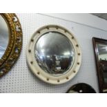 REGENCY STYLE CIRCULAR CONVEX WALL MIRROR, IN WHITE PAINTED FRAME, WITH GIT BALL DECORATION