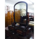 VICTORIAN MAHOGANY MILESTONE SHAPED SWING TOILET MIRROR, ON OBLONG BASE WITH TWO SMALL DRAWERS