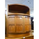 NATHAN, TEAK BOW FRONTED SIDE CABINET, WITH OPEN COMPARTMENT OVER CUPBOARD WITH TWO FOUR PANEL