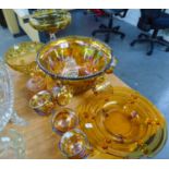 QUANTITY OF GLASS VARIOUS TO INCLUDE; A LARGE AMBER GLASS PUNCH BOWL WITH TWELVE CUPS, ALL WITH