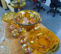 QUANTITY OF GLASS VARIOUS TO INCLUDE; A LARGE AMBER GLASS PUNCH BOWL WITH TWELVE CUPS, ALL WITH