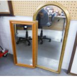 A MILESTONE SHAPED WALL MIRROR, IN GILT FRAME (36" high x 16" wide) and a  PINE FRAMED MIRROR (27"
