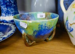 VARIOUS STUDIO POTTERY VASES, ALSO A LOW STYLISH BOWL RAISED ON THREE FEET (CHIP TO RIM), A LARGE