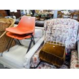 1960's WIRE PATTERN PERIODICAL RACK, A BROWN VELVET POUFFE, ON SQUARE WOODEN BASE, AND A PAIR OF RED