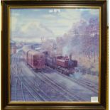 A LARGE COLOUR PRINT, RAILWAY SCENE, 24" X 23" AND AFTER ROBERT K. CALVERT COLOUR PRINT 'SNOW HILL