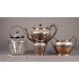 *THREE PIECE EMBOSSED ELECTROPLATED TEA SET BY WALKER & HALL, of oval form with scroll handles and