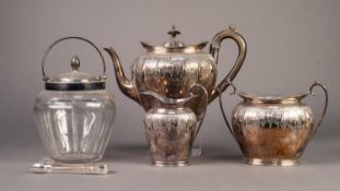 *THREE PIECE EMBOSSED ELECTROPLATED TEA SET BY WALKER & HALL, of oval form with scroll handles and