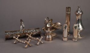 MIXED LOT OF ELECTROPLATE, comprising: PAIR OF KNIFE RESTS, PAIR OF SALT AND PEPPER POTS,