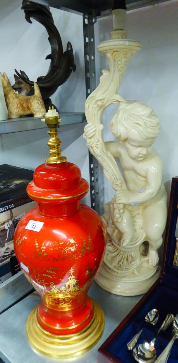 LARGE POTTERY TABLE LAMP WITH SEATED BOY, ANOTHER TABLE LAMP, IN GILT AND RED ORIENTAL DESIGN