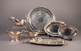 THREE ELECTROPLATED SAUCE BOATS, one with oval foot, together with a STAND, LADLE, a FLORAL CHASED