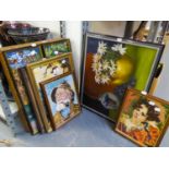 EIGHT NEEDLEWORK TAPESTY PICTURES, FRAMED AND A MODERN OIL PAINTING, FRUIT AND FLOWERS (9)