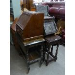 CARVED OAK DROP-LEAF DINING TABLE, CARVED DARK OAK COAL PURDONIUM, OAK TABLE TOP BUREAU AND AN OAK