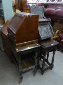 CARVED OAK DROP-LEAF DINING TABLE, CARVED DARK OAK COAL PURDONIUM, OAK TABLE TOP BUREAU AND AN OAK