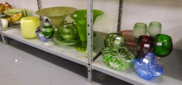 TWO GREEN CRACKLED GLASS VASES, ANOTHER LARGE VASE IN GREEN, GREEN GLASS PUNCH BOWL AND CUPS,