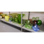 TWO GREEN CRACKLED GLASS VASES, ANOTHER LARGE VASE IN GREEN, GREEN GLASS PUNCH BOWL AND CUPS,