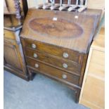 MAHOGANY BUREAU WITH SLOPING FALL FRONT AND THREE LONG DRAWERS BELOW, ON STRAIGHT LEGS