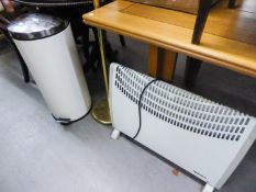 AN ELECTRIC CONVECTOR HEATER AND A BRASS STANDARD LAMP, DESK LAMP AND A KITCHEN BIN (4)